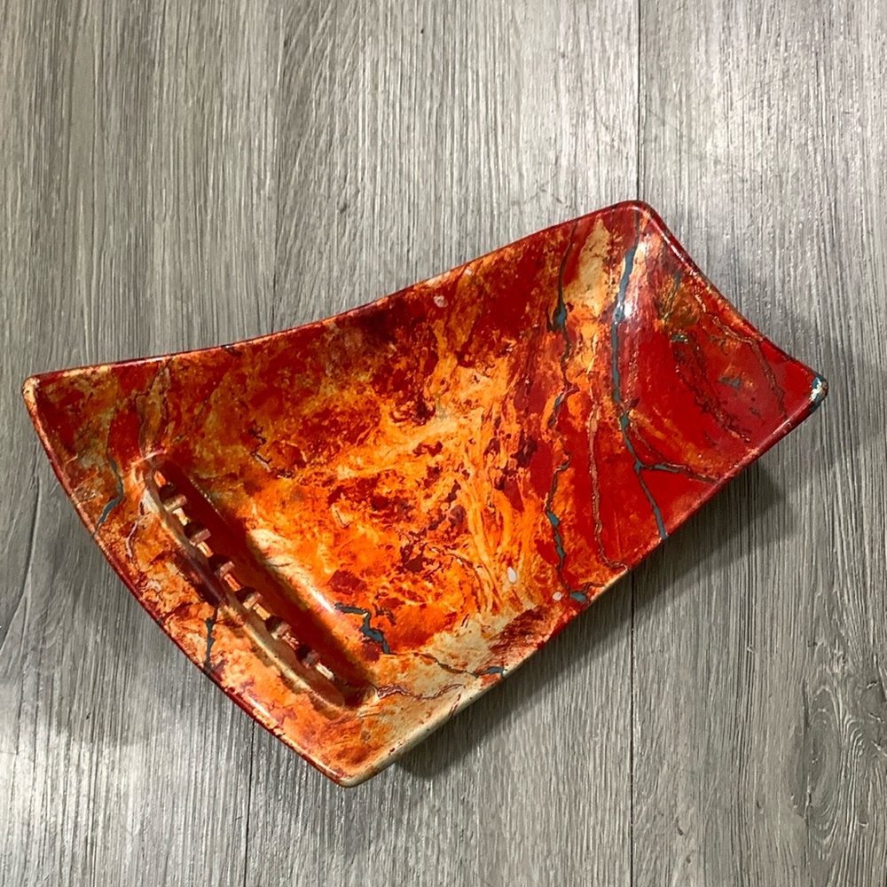 CA Pottery 1960s Mid-Century Ceramic‎ Hand-Painted Ashtray Red, Orange, Copper